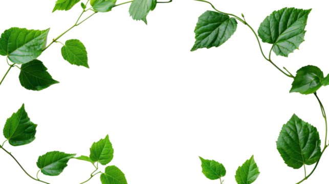 Green vine leaves arranged in decorative border creating nature inspired frame for design projects, PNG, isolated on transparent background.