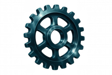 Close-up of a metallic blue gear rotating smoothly, isolated on a transparent background, ideal for industrial or mechanical concepts