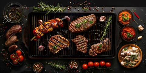 Assorted grilled meat with fresh herbs and vegetables,  including steaks and a kebab, placed on a black grill pan. 