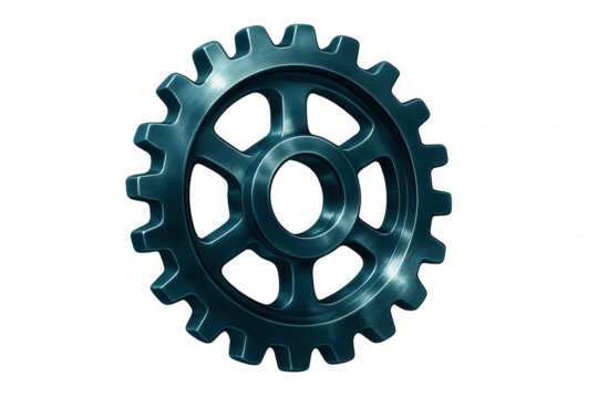 Close-up of a metallic blue gear rotating smoothly, isolated on a transparent background, ideal for industrial or mechanical concepts