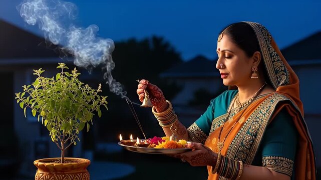Indian Woman in Traditional Dress Offers Prayers to Tulsi Plant with Diya Plate Smoke Candles and Colorful Flowers at Dusk Against Dark Blue Sky