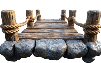 Obraz premium Weathered wooden dock with rope detailing resting on large gray rocks for natural outdoor scenes, PNG, isolated on transparent background.