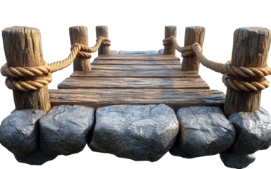 Weathered wooden dock with rope detailing resting on large gray rocks for natural outdoor scenes, PNG, isolated on transparent background.