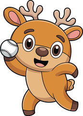 Cartoon reindeer throwing baseball, happy festive animal character, playful winter illustration for children, cute vector drawing, sports theme art