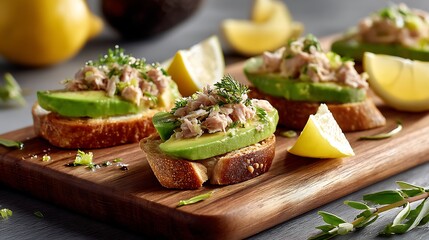 Asymmetrical arrangement of mini toasts topped with creamy avocado, tuna flakes, and lemon juice on a rustic wooden board, with scattered lemon wedges and avocado slices.