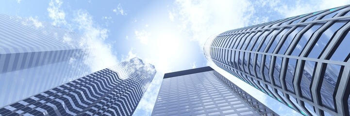 Skyscrapers, high-rise buildings from below against the background of the sky, cityscape, panorama of skyscrapers, 3D rendering © ustas