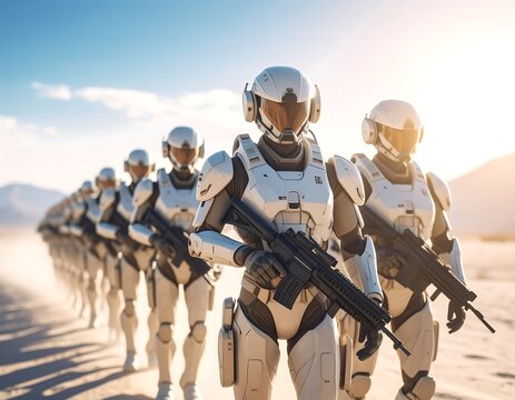 Futuristic Soldiers Marching Across Desert Landscape in Uniform Formation