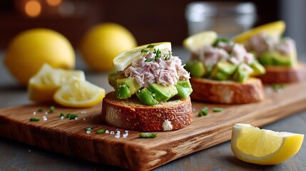 Asymmetrical arrangement of mini toasts topped with creamy avocado, tuna flakes, and lemon juice on a rustic wooden board, with scattered lemon wedges and avocado slices.