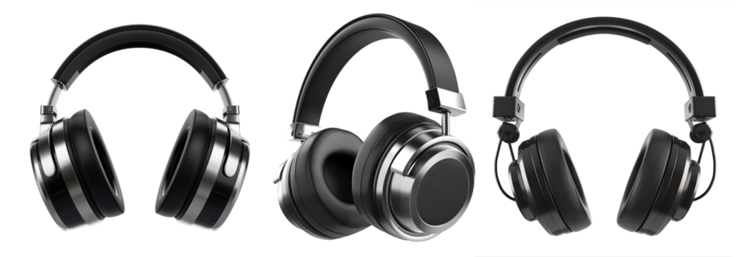 Trio of Headphones: Three sleek and modern headphones are artfully arranged, exuding sophistication and embodying audio excellence and technological prowess. 