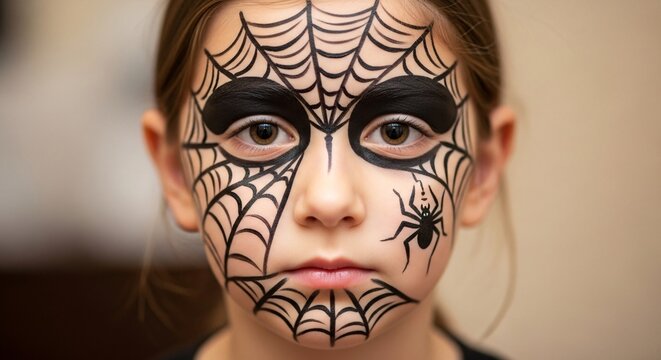 Young girl's Halloween face paint design with spiderweb and spider for spooky fun