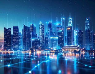 Futuristic cityscape with glowing connections symbolizing modern urban infrastructure and global