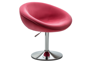 Pink swivel chair with circular seat and chrome base ideal for product presentation and modern design, PNG, isolated on transparent background.