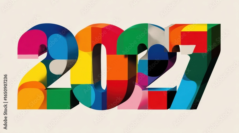 Poster colorful design representing the year 2027 with vibrant patterns and playful shapes in a modern styl
