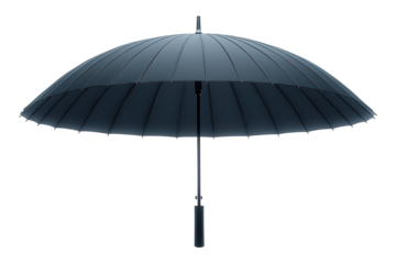 Black umbrella isolated against black background depicting protection and style for advertising and design, PNG, isolated on transparent background.