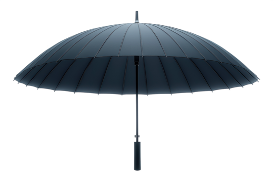 Black umbrella isolated against black background depicting protection and style for advertising and design, PNG, isolated on transparent background.
