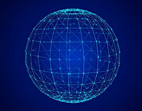 Futuristic technology sphere with a glowing blue network on dark background