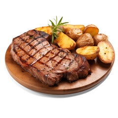 Savory Steak Feast: A close-up shot of a grilled steak, showcasing its perfectly seared surface alongside roasted potatoes on a wooden plate, garnished with a sprig of rosemary.