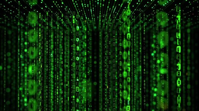 Matrix digital tunnel with cybersecurity shield symbolizing data protection, secure networks and IT defense