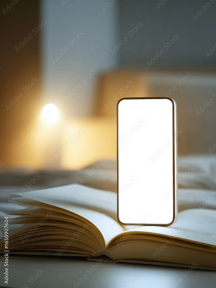Poster bright smartphone displays glowing screen while resting on an open book at night creating a cozy rea