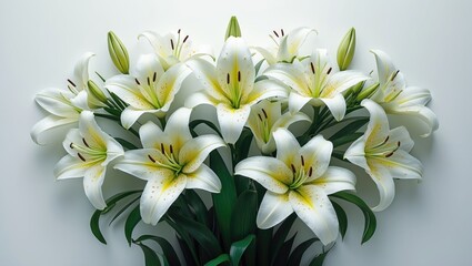 Obraz premium A bouquet of white lilies with green leaves arranged in a circular pattern.