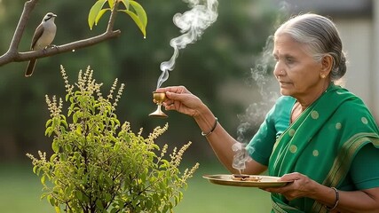 Senior Woman in Green Saree Holding Incense near Holy Basil Plant and Bird on Branch outdoors during Daytime Spiritual Tradition