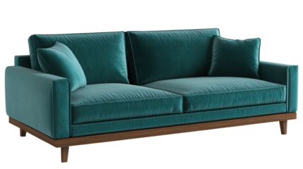 Teal velvet sofa with wooden frame featuring two seats and cushions ideal for interior design and home decor, PNG, isolated on transparent background.