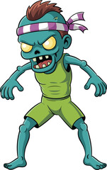 Cartoon zombie character in green gym outfit, creepy undead figure with headband, isolated funny monster vector for animation, game design