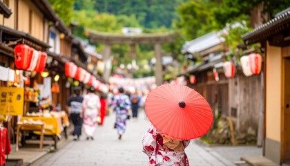 A child in a traditional floral yukata holding a red paper umbrella on a bustling Japanese street during a vibrant summer festival.