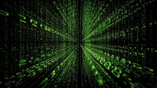 Futuristic matrix tunnel with flowing digital code symbolizing AI, big data and digital transformation