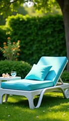 Relaxing blue cushion on white rattan sun lounger in lush green garden , lifestyle, flower, blue