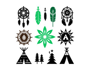A collection of black tribal inspired symbols including dreamcatchers, feathers, teepees, and geometric designs.