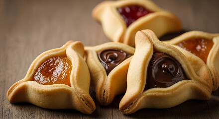 Photorealistic triangular hamantaschen cookies with rich crust and various fillings, comforting and delicious mood