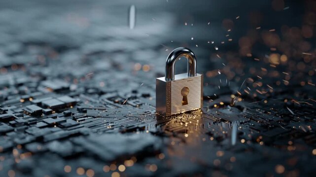 Digital padlock with binary code symbolizing data encryption, cybersecurity and secure information systems