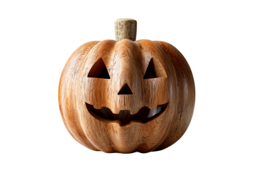 Carved wooden pumpkin with a smiling face