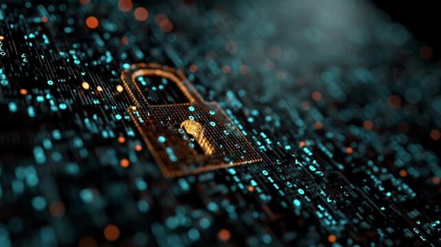 Holographic padlock with fingerprint scan symbolizing biometric authentication, digital identity and secure cybersecurity access