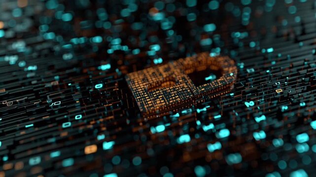 3D holographic padlock symbolizing digital identity, virtual security and futuristic cybersecurity technology
