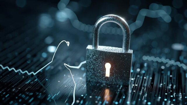 Glowing futuristic padlock with digital data streams symbolizing AI security, blockchain protection and advanced cybersecurity
