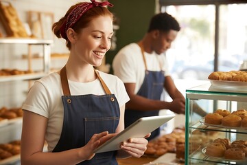 Smiling baker using tablet to manage orders in bright cafe, colleague works in background