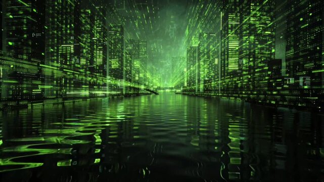 Green matrix digital waves with glowing data lines symbolizing cybersecurity, blockchain and futuristic technology