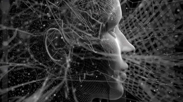 Artificial intelligence robot face with digital features symbolizing AI, machine learning and futuristic technology