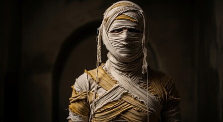 Ancient Egyptian mummy with eyes peering out from bandages in dim, atmospheric light