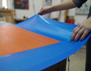 Artist covering canvas with protective blue cloth