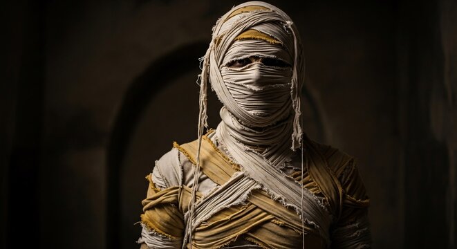 Ancient Egyptian mummy with eyes peering out from bandages in dim, atmospheric light - Powered by Adobe
