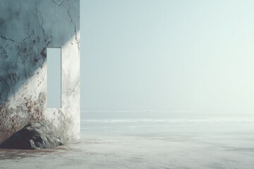 Striking brutalist concrete wall with minimalist window and weathered texture, set against a serene seaside backdrop—ideal for modern design and architectural concepts