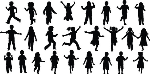 Children silhouettes, kids playing, running, jumping, standing, holding hands, playful poses, childhood icons, activity set, black figures, happy moments, fun