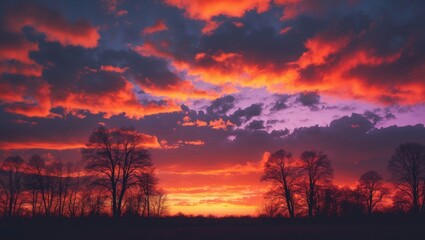 Fototapeta premium Vivid sunset sky with colorful clouds and silhouetted trees on the horizon.