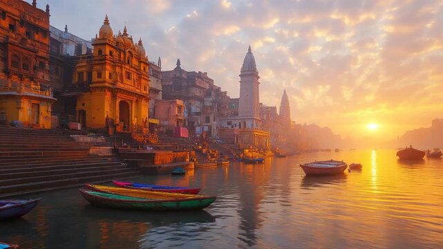 beautiful sunset of varanasi ghats at sunrise on the ganges river indian landscape video