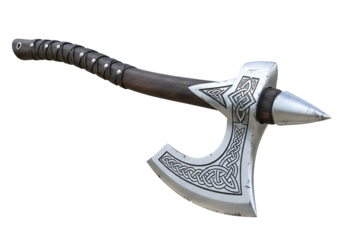 Intricately Designed Norse Style Battle Axe with Celtic Patterns and Wooden Handle