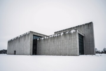 Fototapeta premium Striking brutalist building in a snowy winter landscape, showcasing minimalist design and raw concrete for impactful commercial and editorial projects
