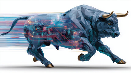 Dynamic bull made of geometric shapes, symbolizing strength and speed, with digital circuit pattern overlay, representing technology and finance